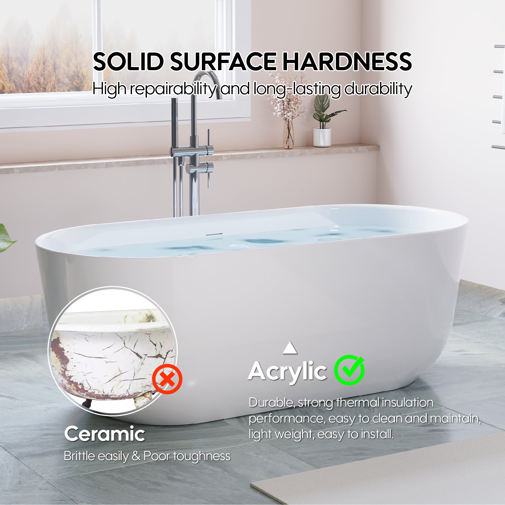 67" Freestanding Glossy White Acrylic Bathtub with Integrated Overflow