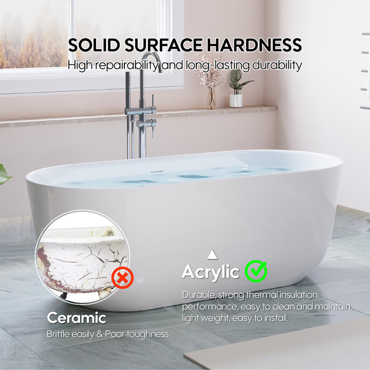 67" Freestanding Glossy White Acrylic Bathtub with Integrated Overflow