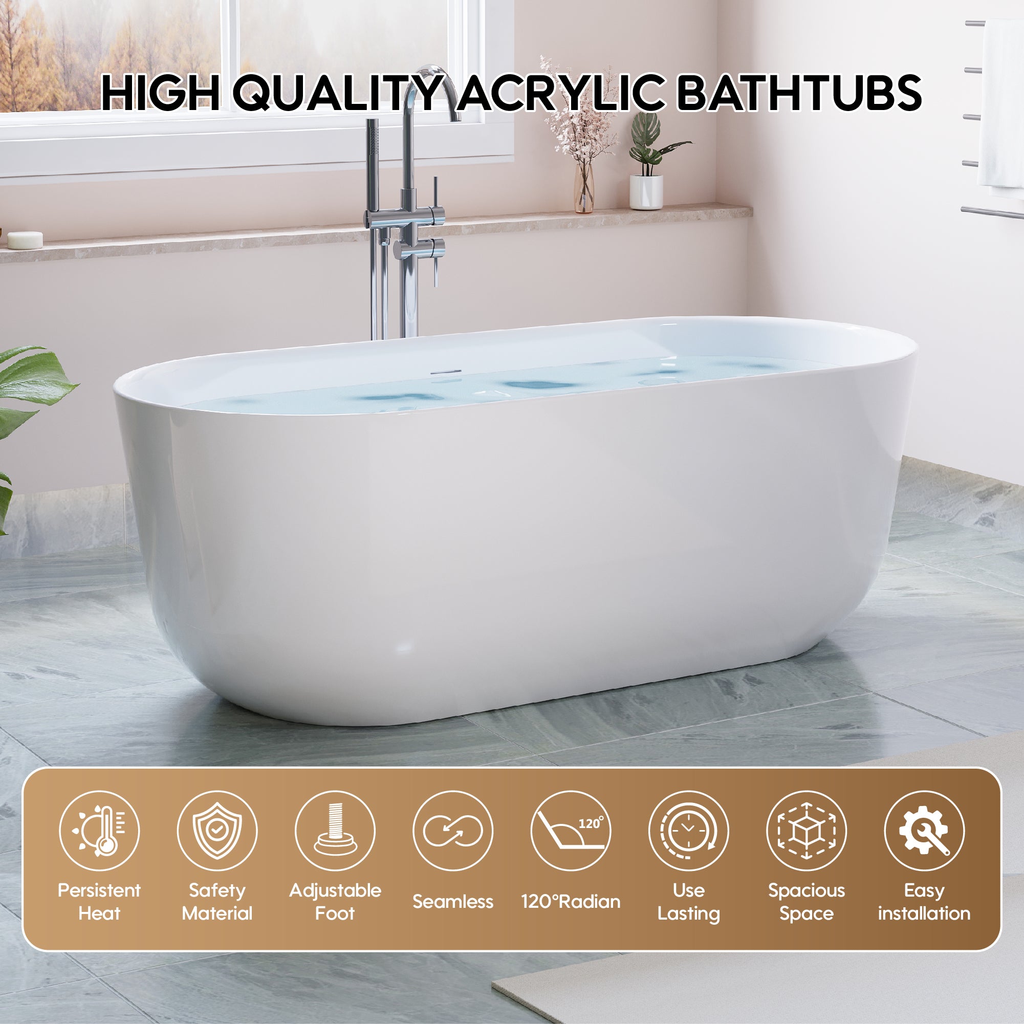 67" Freestanding Glossy White Acrylic Bathtub with Integrated Overflow