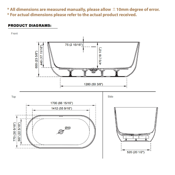 67" Freestanding Glossy White Acrylic Bathtub with Integrated Overflow