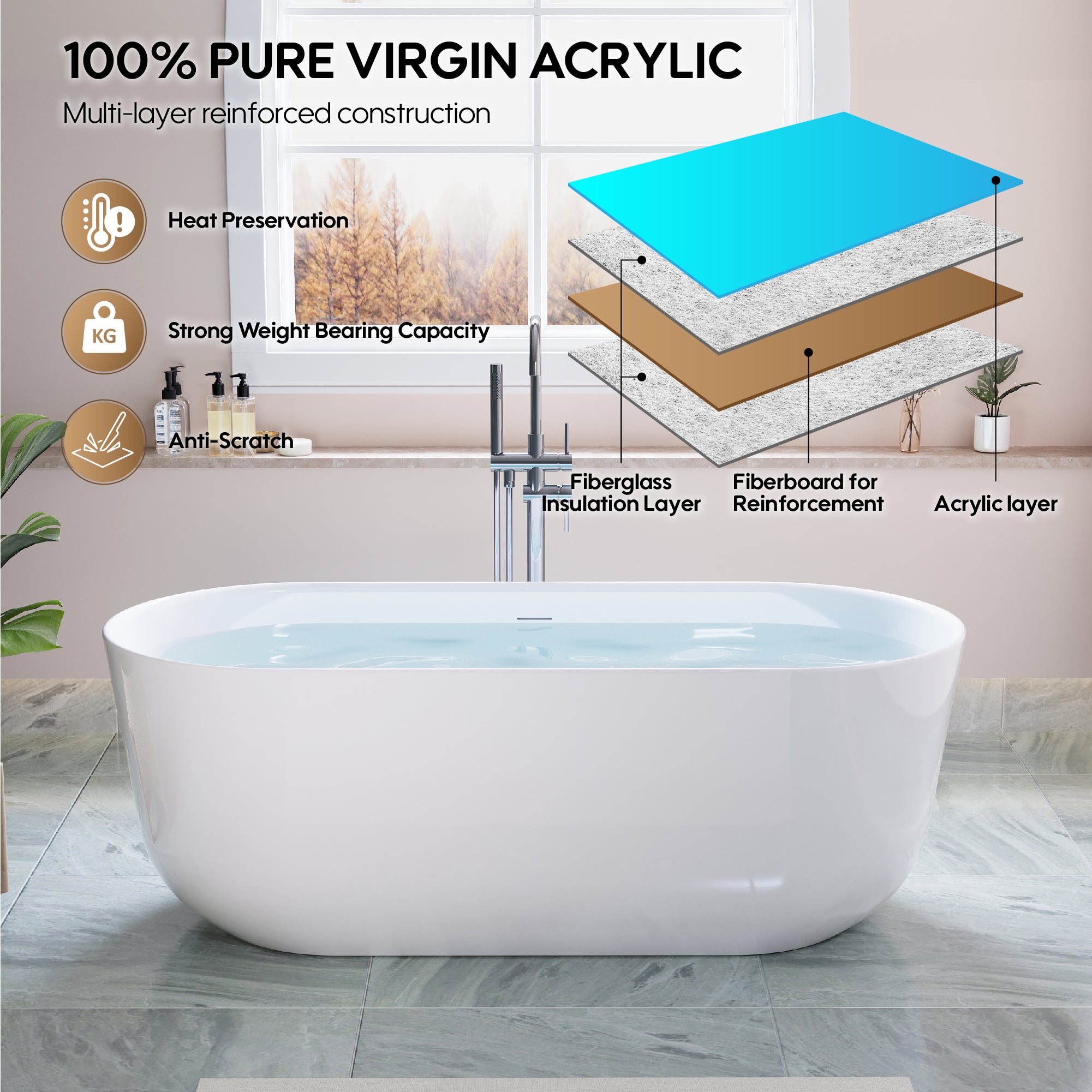 67" Freestanding Glossy White Acrylic Bathtub with Integrated Overflow