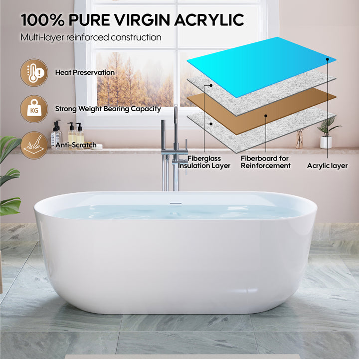 67" Freestanding Glossy White Acrylic Bathtub with Integrated Overflow