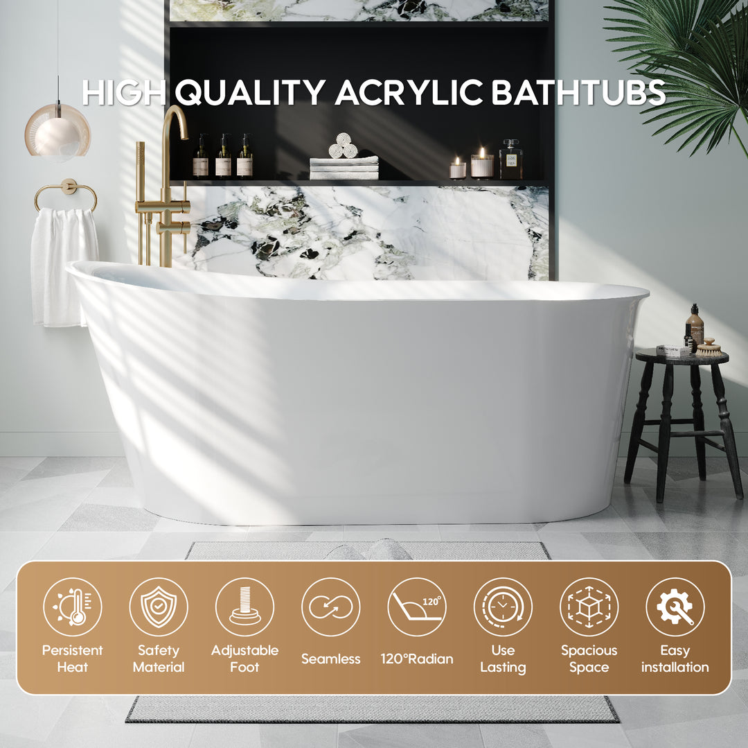 66" Freestanding Glossy White Acrylic Bathtub with Overflow and Drainage