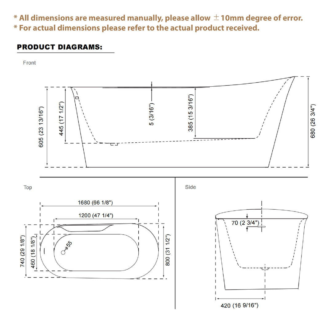 66" Freestanding Glossy White Acrylic Bathtub with Overflow and Drainage