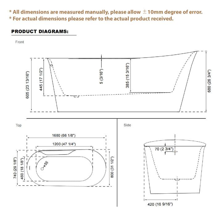 66" Freestanding Glossy White Acrylic Bathtub with Overflow and Drainage