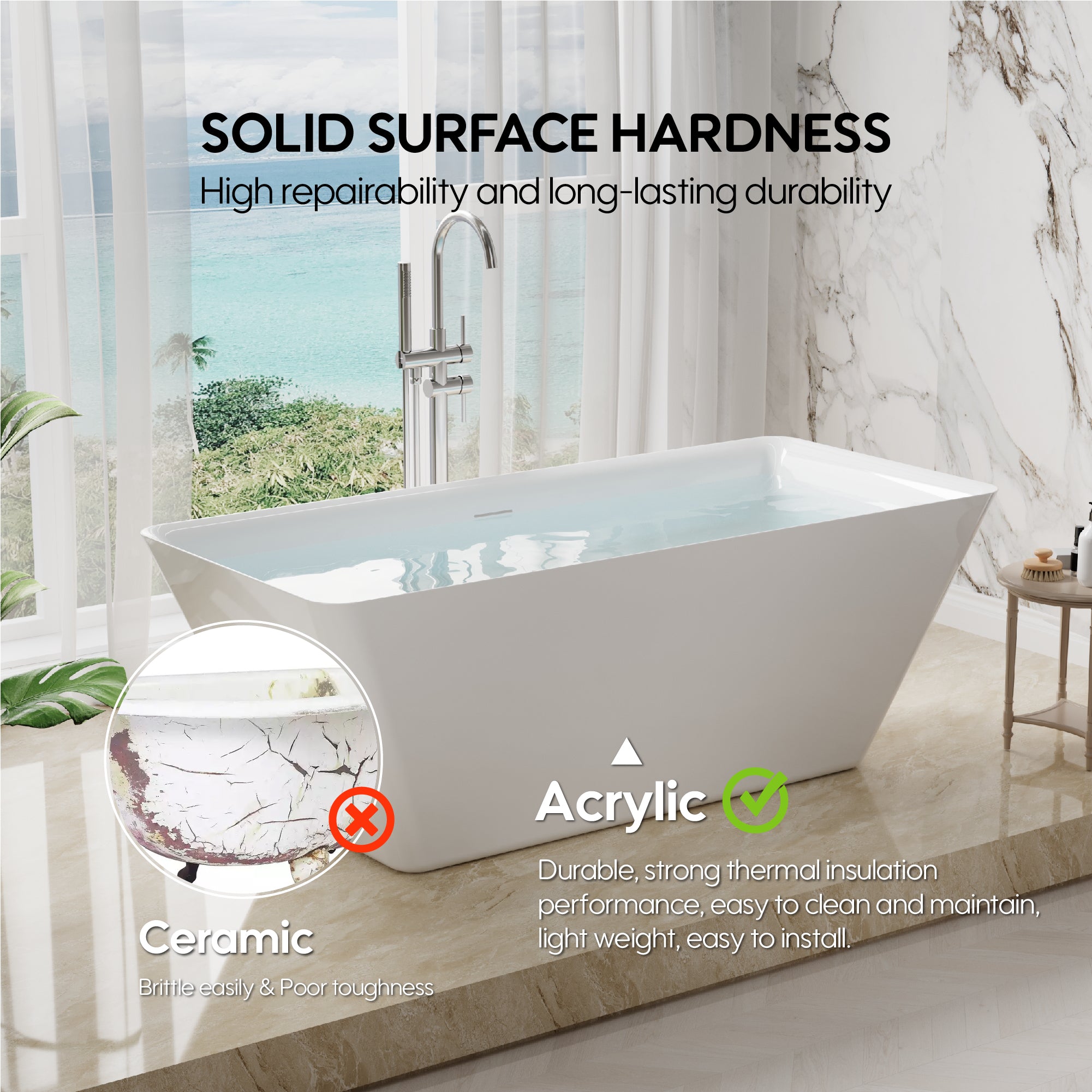 66" Freestanding Glossy White Acrylic Bathtub with Overflow and Drain