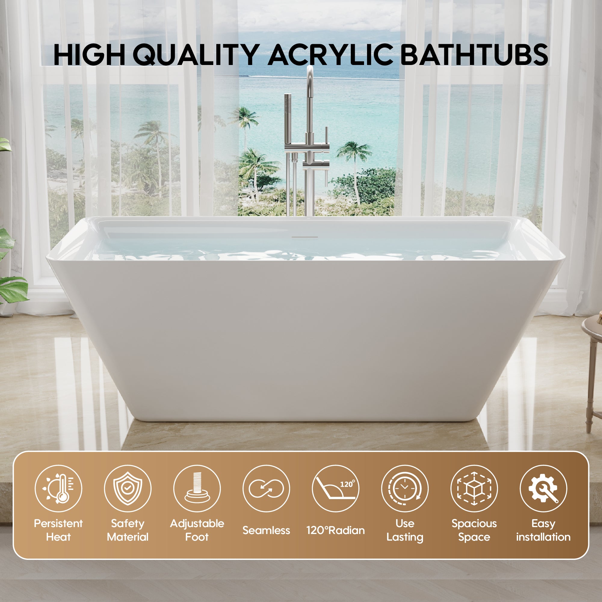 66" Freestanding Glossy White Acrylic Bathtub with Overflow and Drain