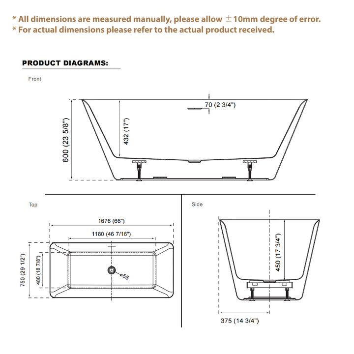 66" Freestanding Glossy White Acrylic Bathtub with Overflow and Drain