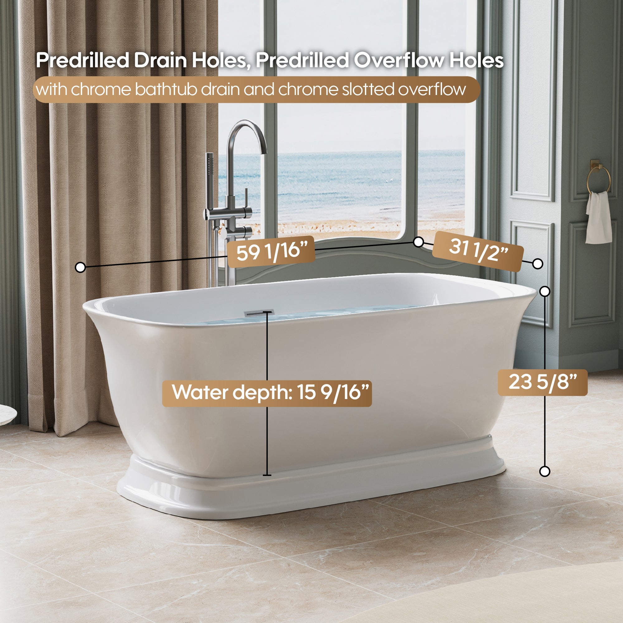 59" Acrylic Freestanding Bathtub in Glossy White with Overflow and Drain