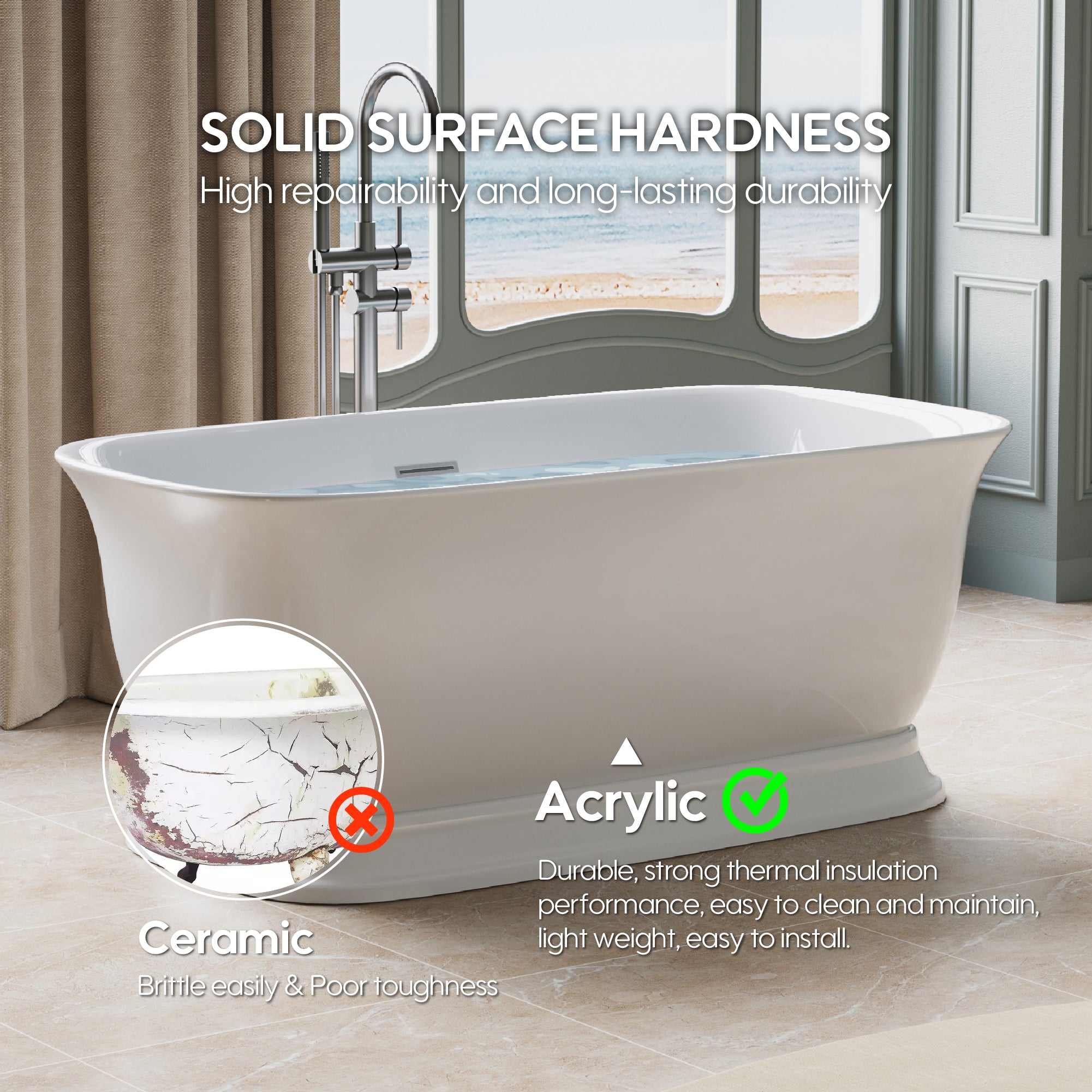 59" Acrylic Freestanding Bathtub in Glossy White with Overflow and Drain