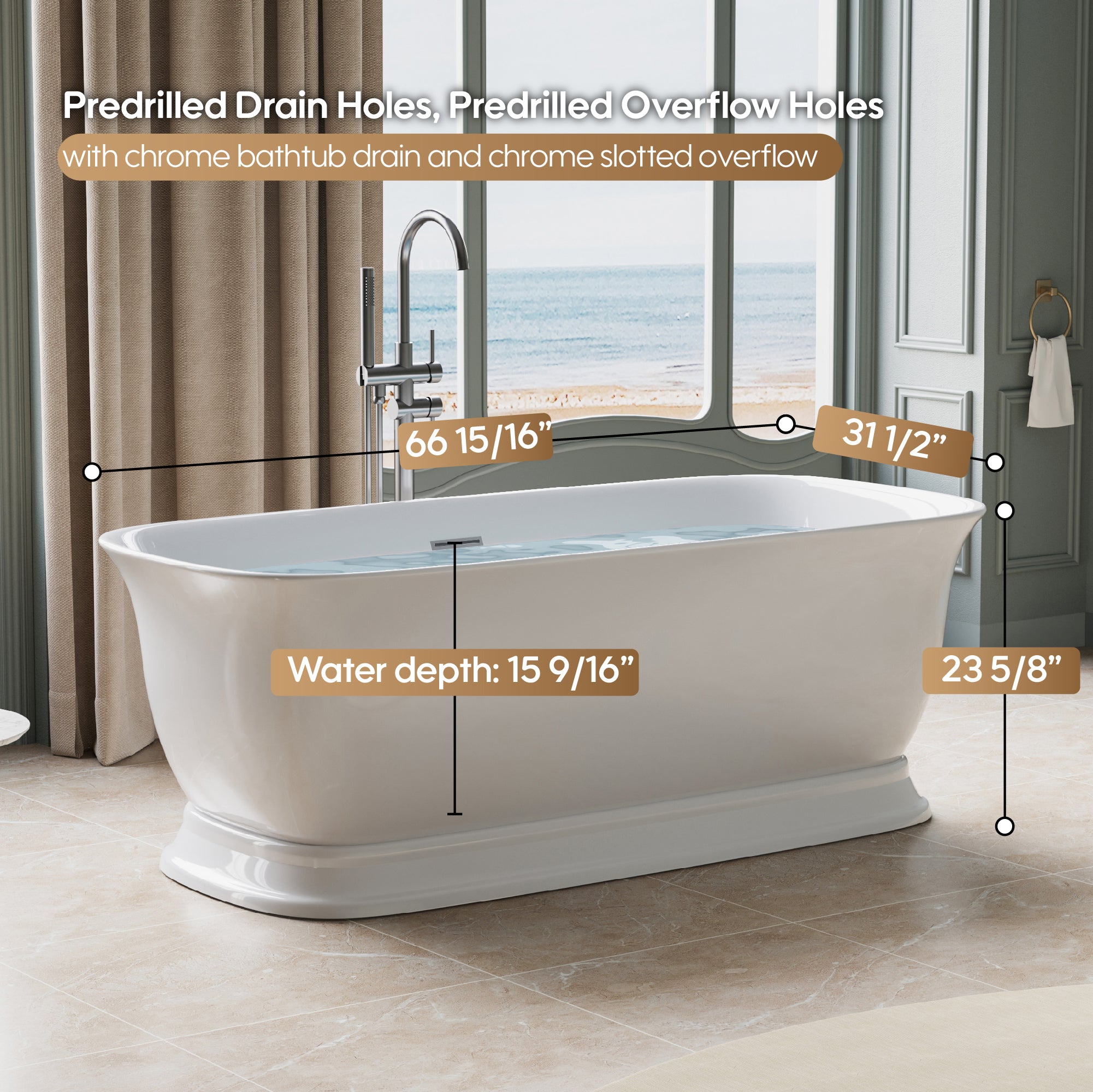 67" Acrylic Freestanding Bathtub in Glossy White with Overflow and Drain