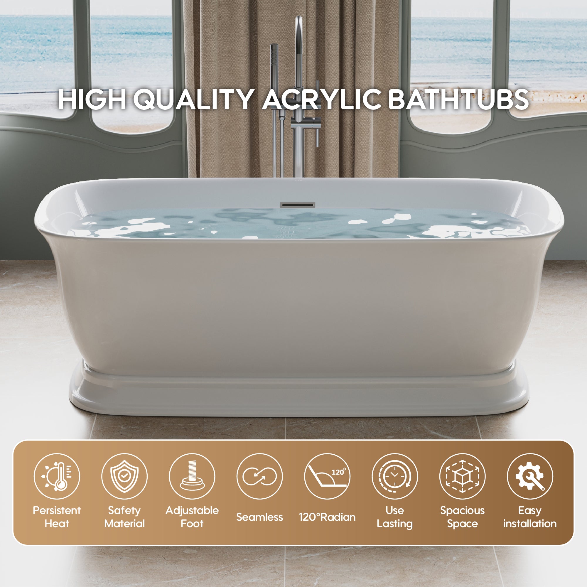 67" Acrylic Freestanding Bathtub in Glossy White with Overflow and Drain