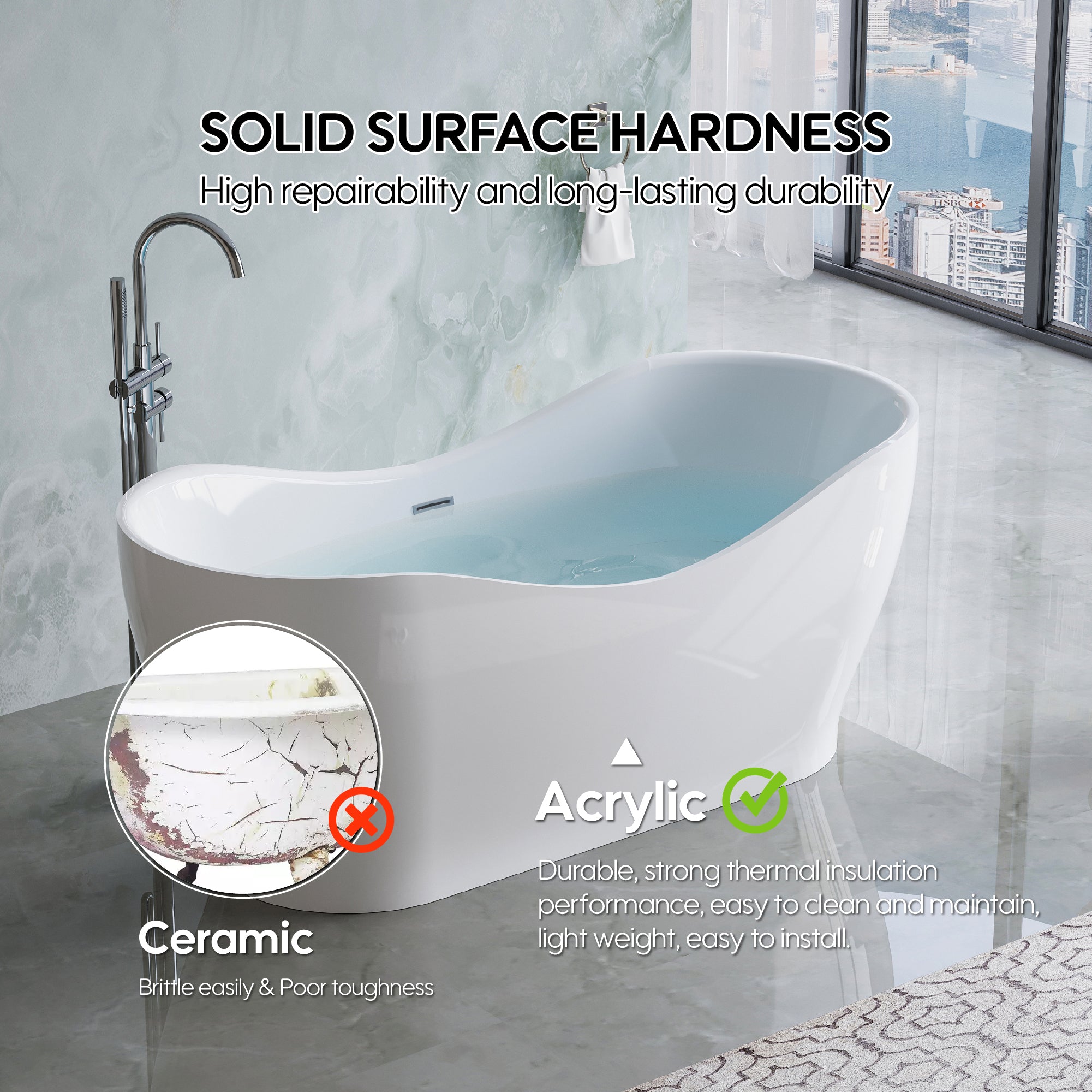 67" Acrylic Freestanding Soaking Bathtub in Glossy White with Overflow and Drain