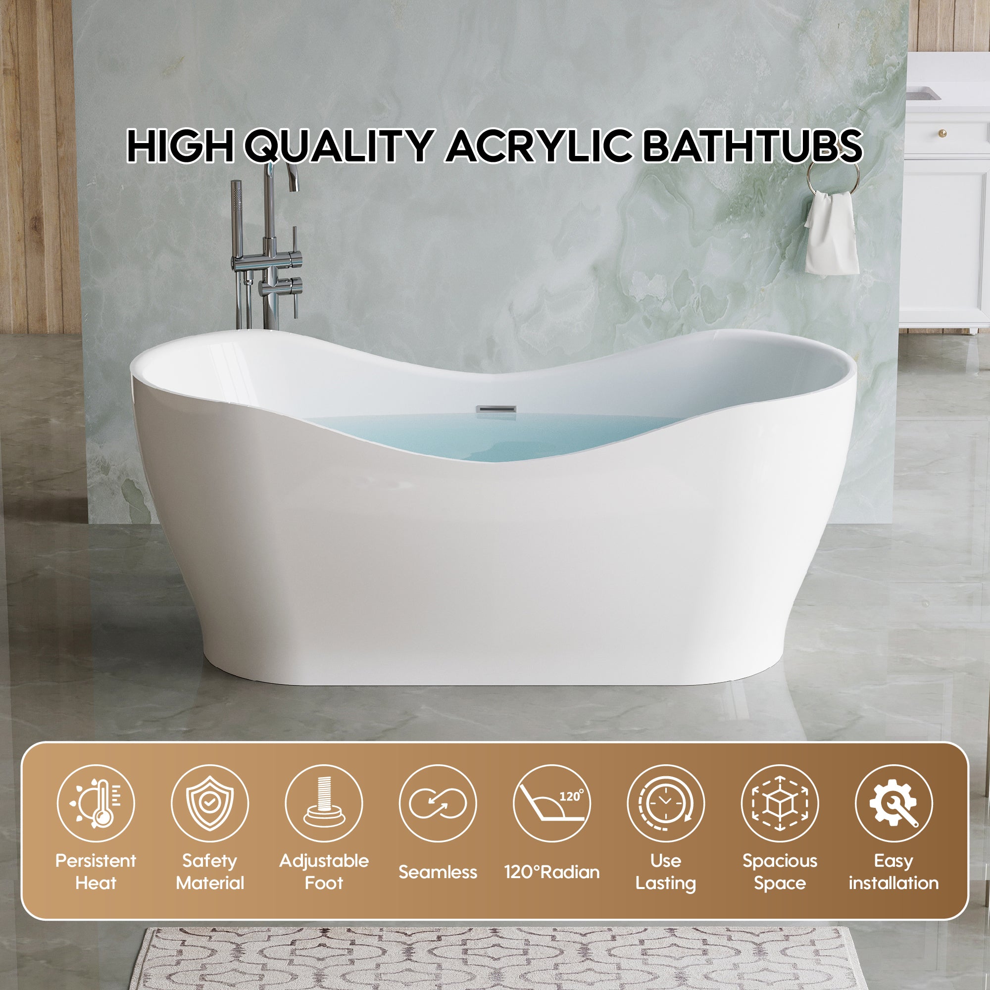 67" Acrylic Freestanding Soaking Bathtub in Glossy White with Overflow and Drain