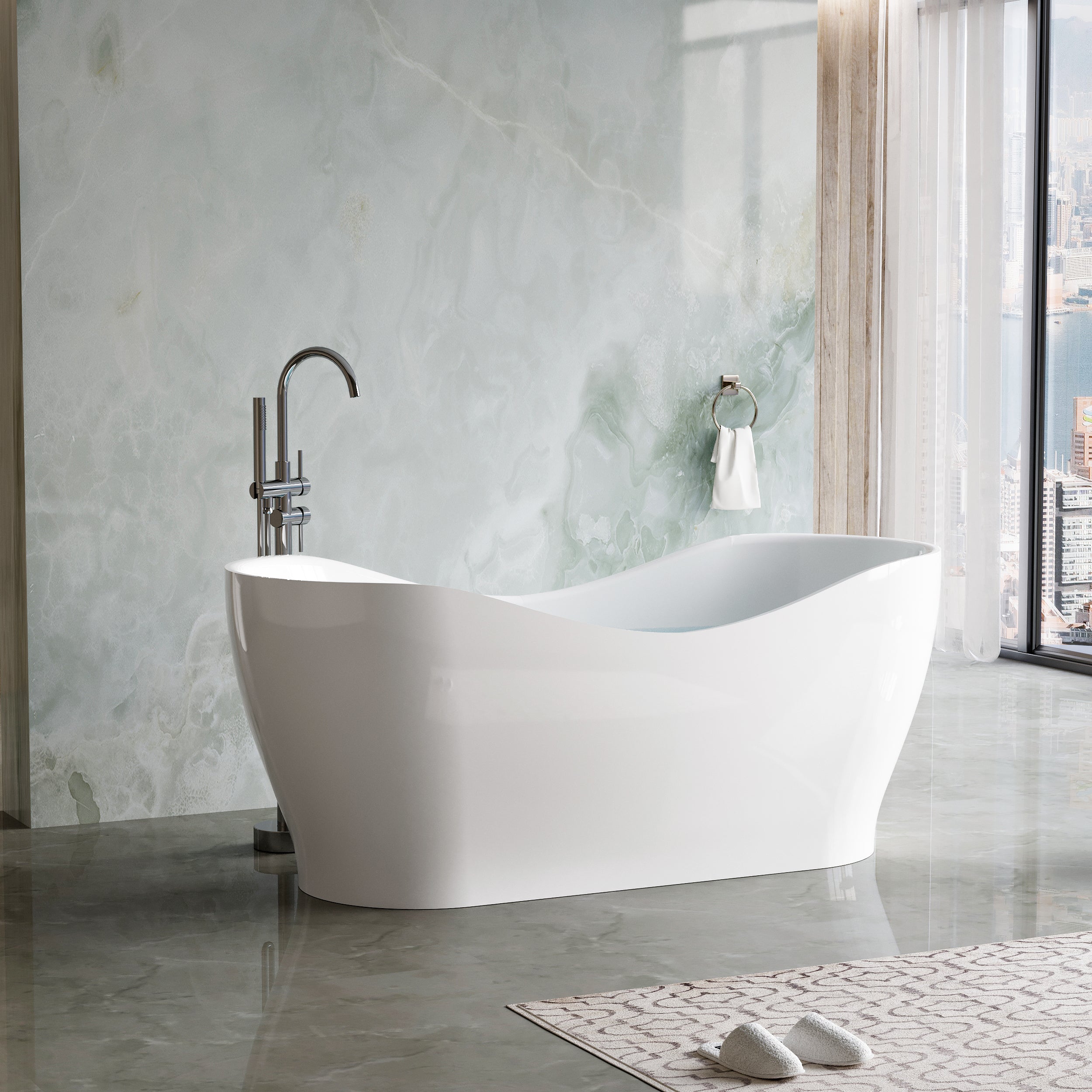 67" Acrylic Freestanding Soaking Bathtub in Glossy White with Overflow and Drain