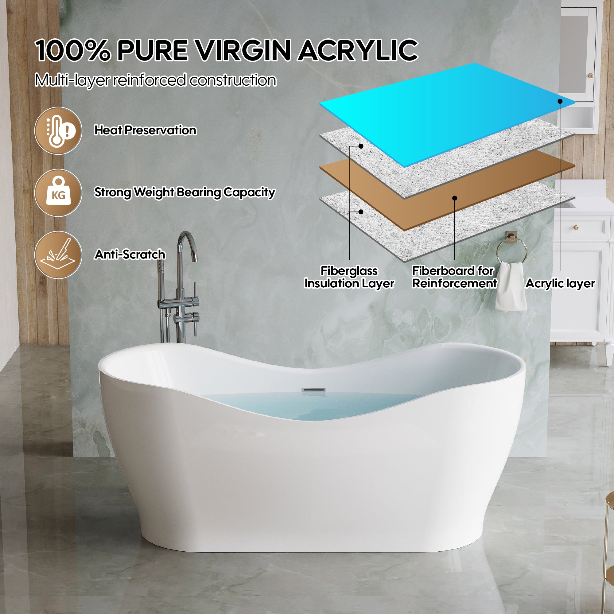 67" Acrylic Freestanding Soaking Bathtub in Glossy White with Overflow and Drain