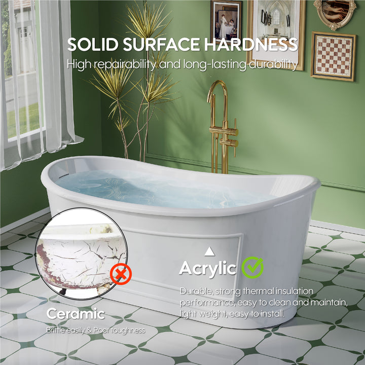 66" White Acrylic Freestanding Bathtub with Integrated Slotted Overflow