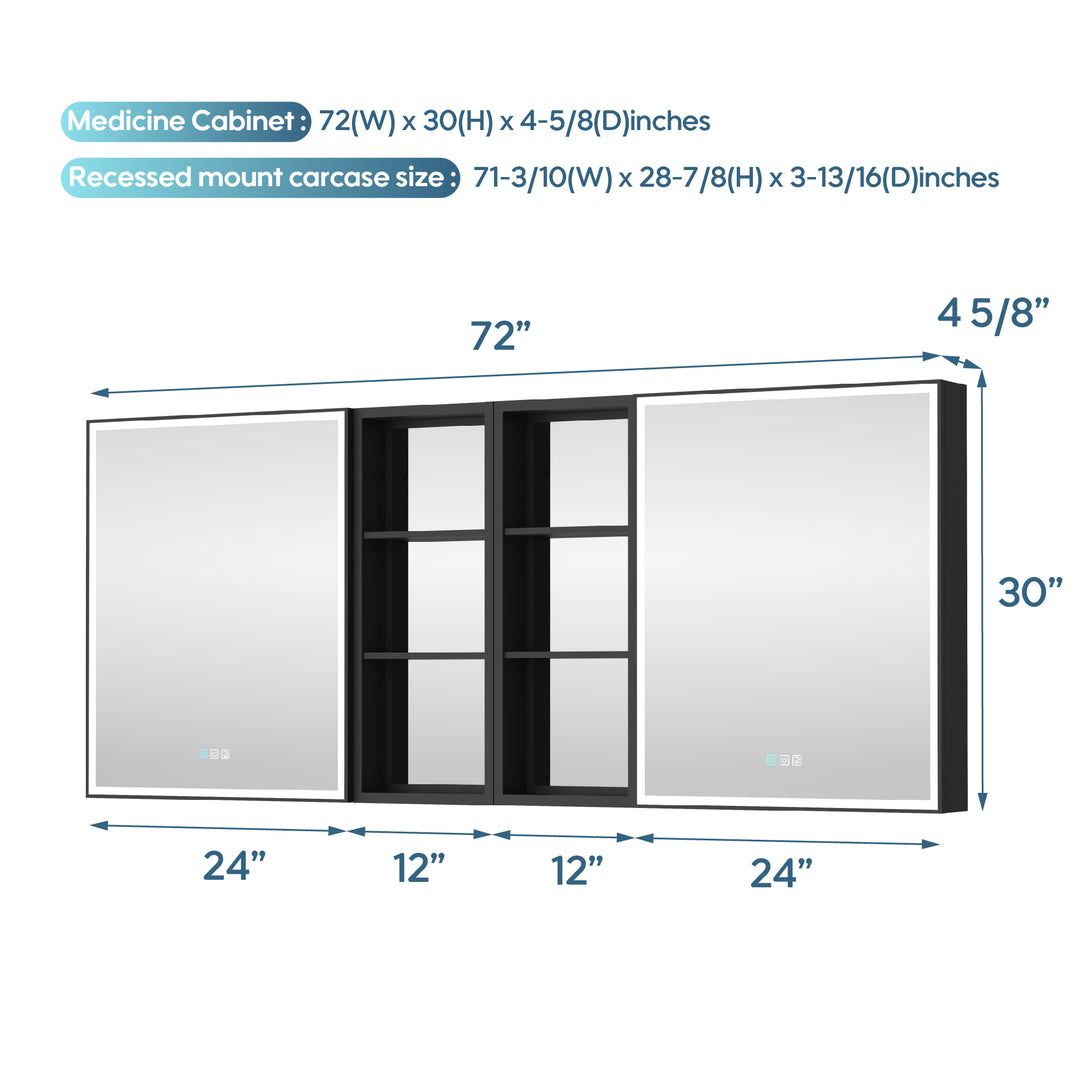 72 in. x 30 in. Black Aluminum Medicine Cabinet with Mirror and LED Light