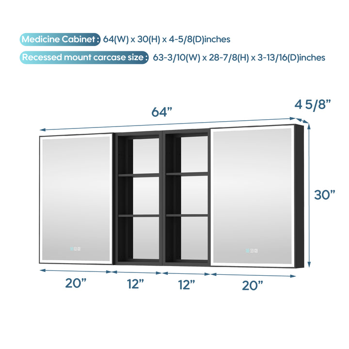 64 in. x 30 in. Black Aluminum Medicine Cabinet with Mirror and LED Light