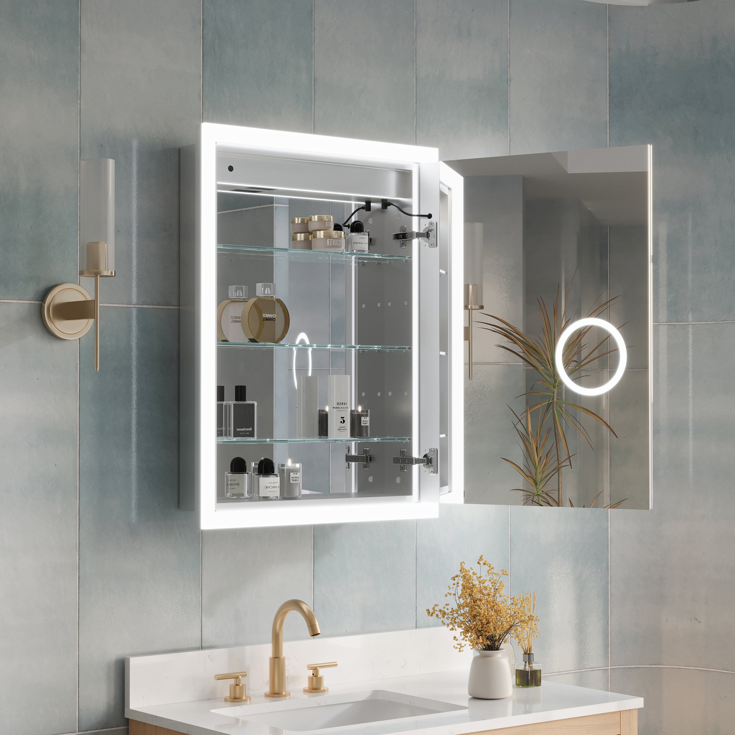 24 in.  x 32 in.  Lighted LED Fog Free Surface/Recessed Mount Silver Mirrored Soft Close Right Medicine Cabinet