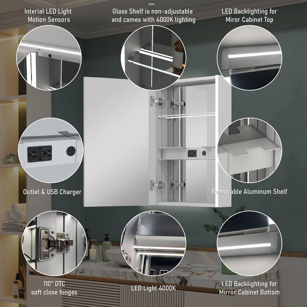 20 in. x 30 in.  Lighted LED Fog Free Surface Mount Silver Mirrored Soft Close Left Medicine Cabinet