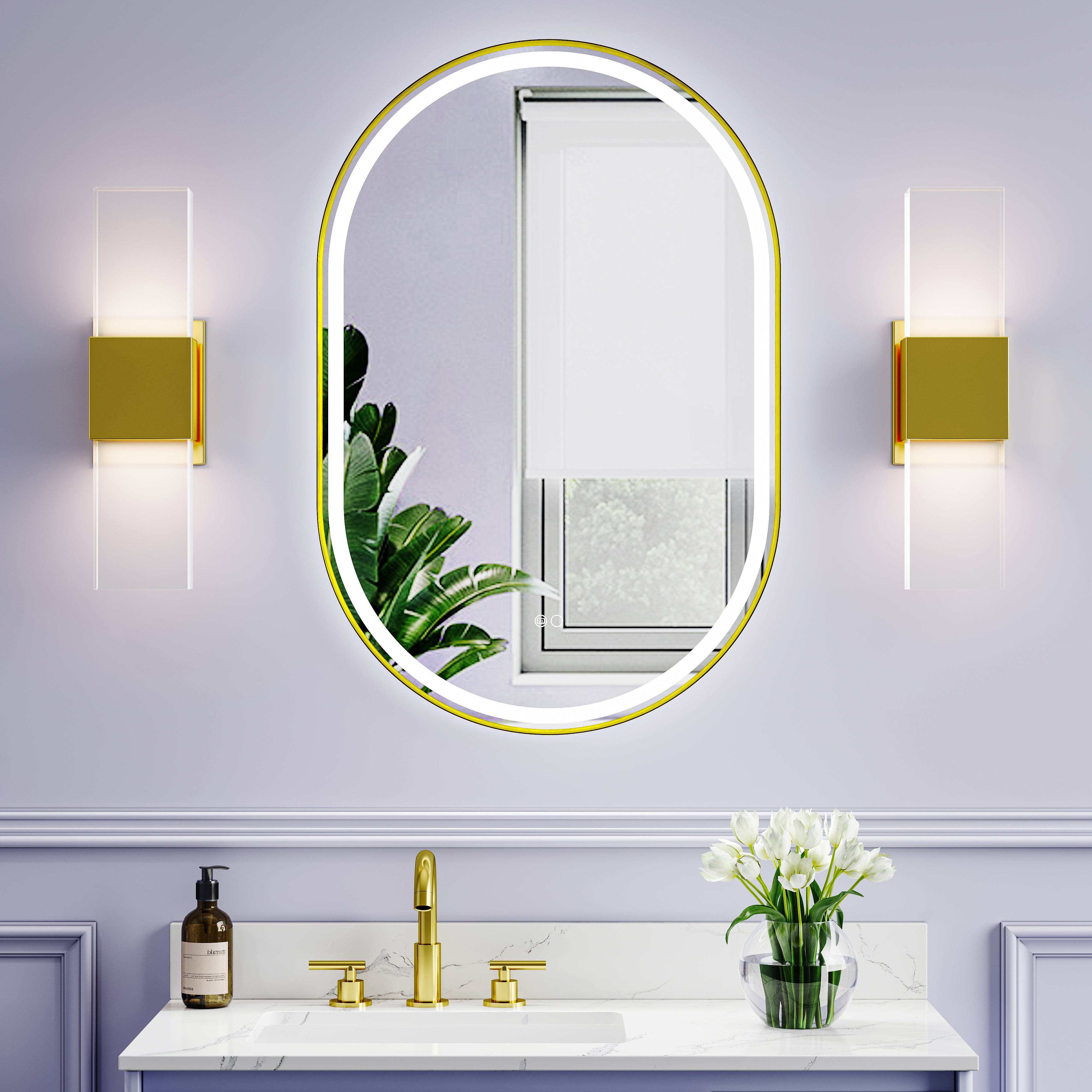 24 in. W x 36 in. H Oval Framed LED Wall-Mounted Bathroom Vanity Mirror Brushed Gold