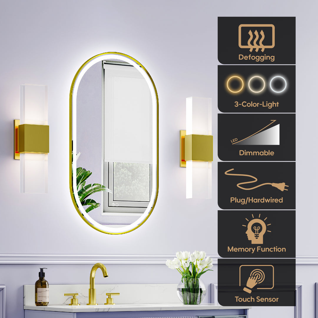 20 in. W x 36 in. H Oval Framed LED Wall-Mounted Bathroom Vanity Mirror Brushed Gold