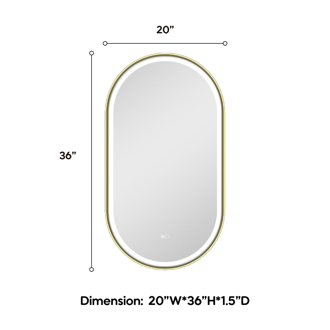 20 in. W x 36 in. H Oval Framed LED Wall-Mounted Bathroom Vanity Mirror Brushed Gold