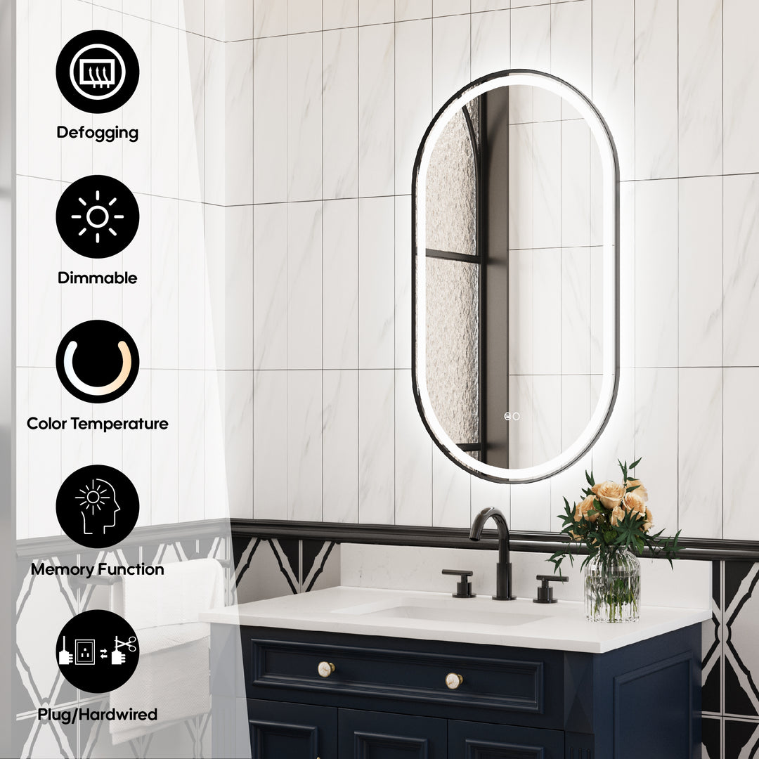 20 in. W x 36 in. H Oval Framed LED Wall-Mounted Bathroom Vanity Mirror Matte Black