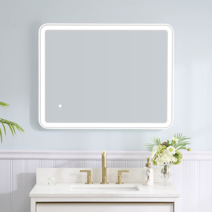 28 in. W x 36 in. H Framed Round Shaped Corners LED Light Bathroom Vanity Mirror in White