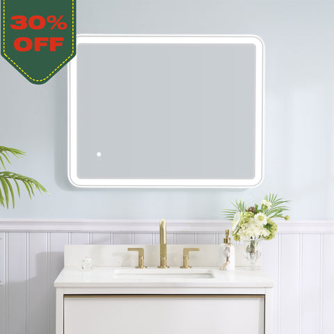 28 in. W x 36 in. H Framed Round Shaped Corners LED Light Bathroom Vanity Mirror in White