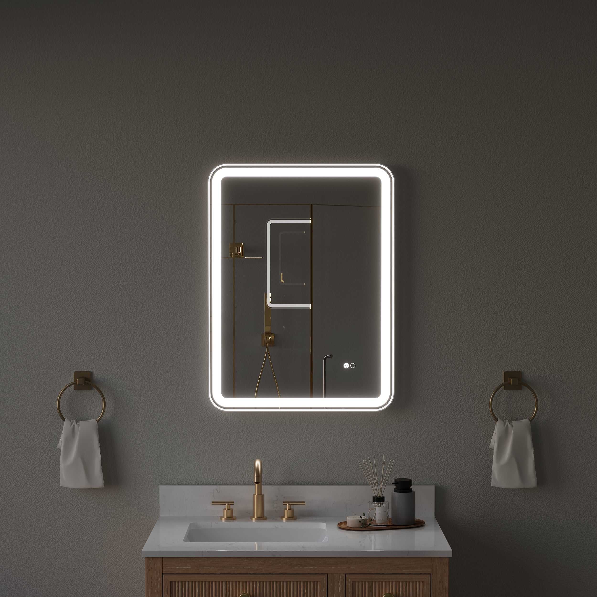 24 in. W x 32 in. H Framed Round Shaped Corners LED Light Bathroom Vanity Mirror in White