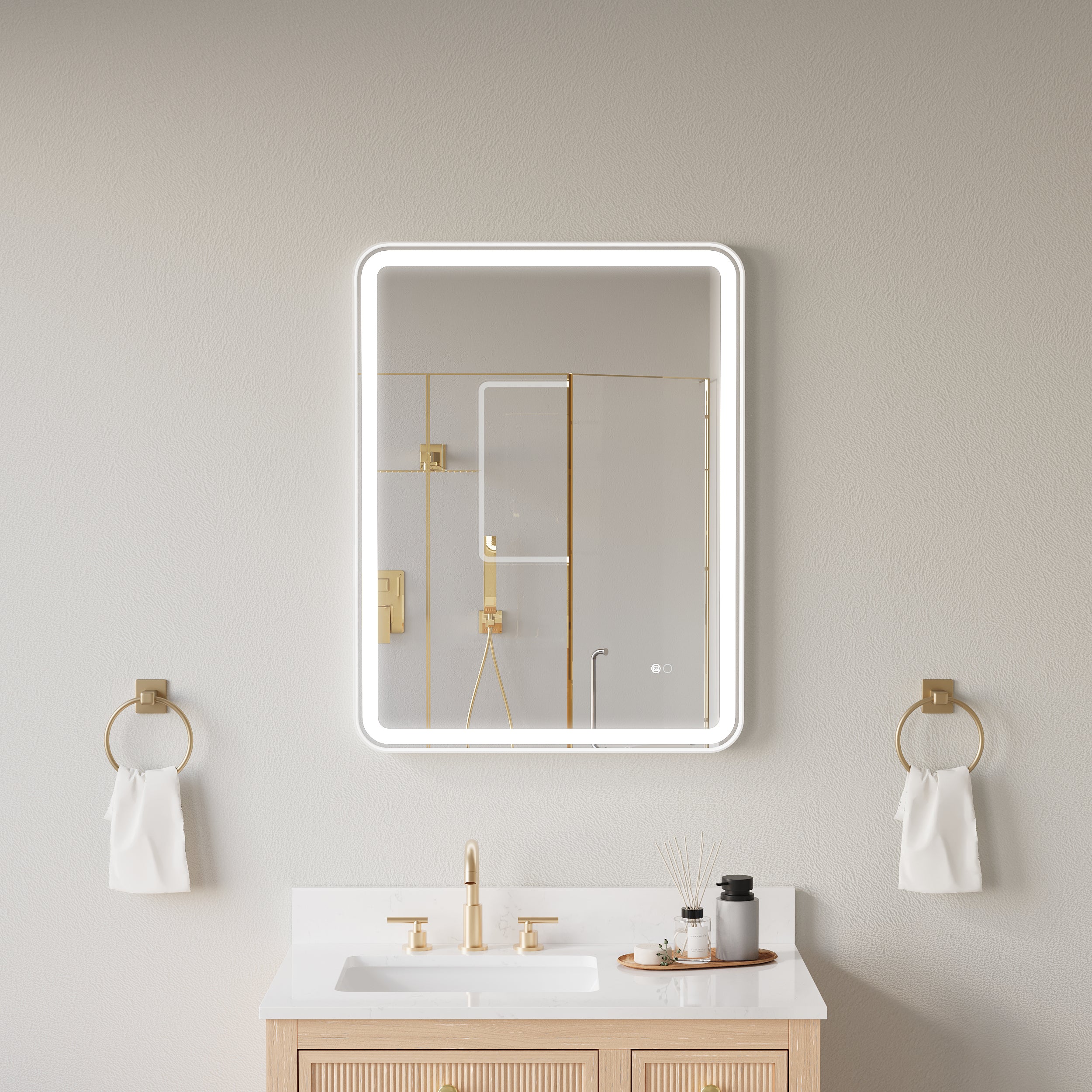 28 in. W x 36 in. H Framed Round Shaped Corners LED Light Bathroom Vanity Mirror in White