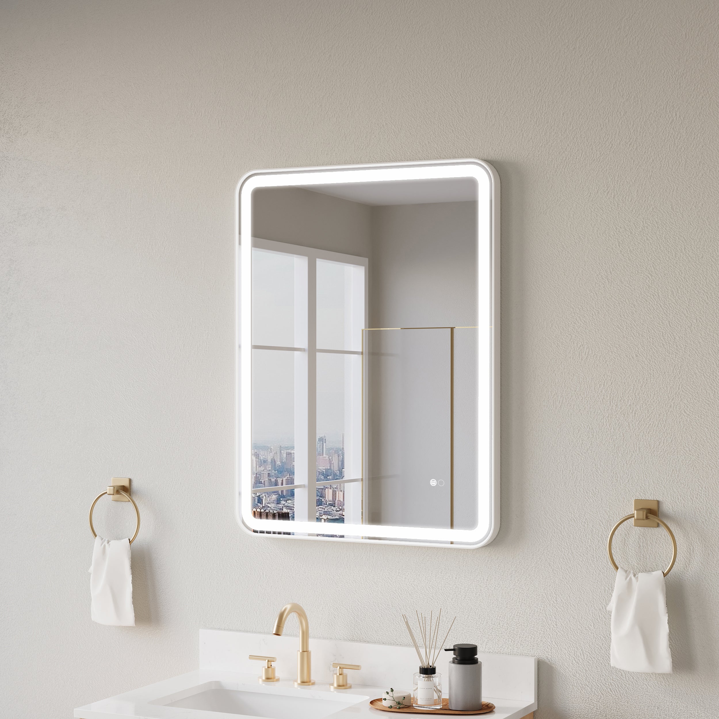 28 in. W x 36 in. H Framed Round Shaped Corners LED Light Bathroom Vanity Mirror in White