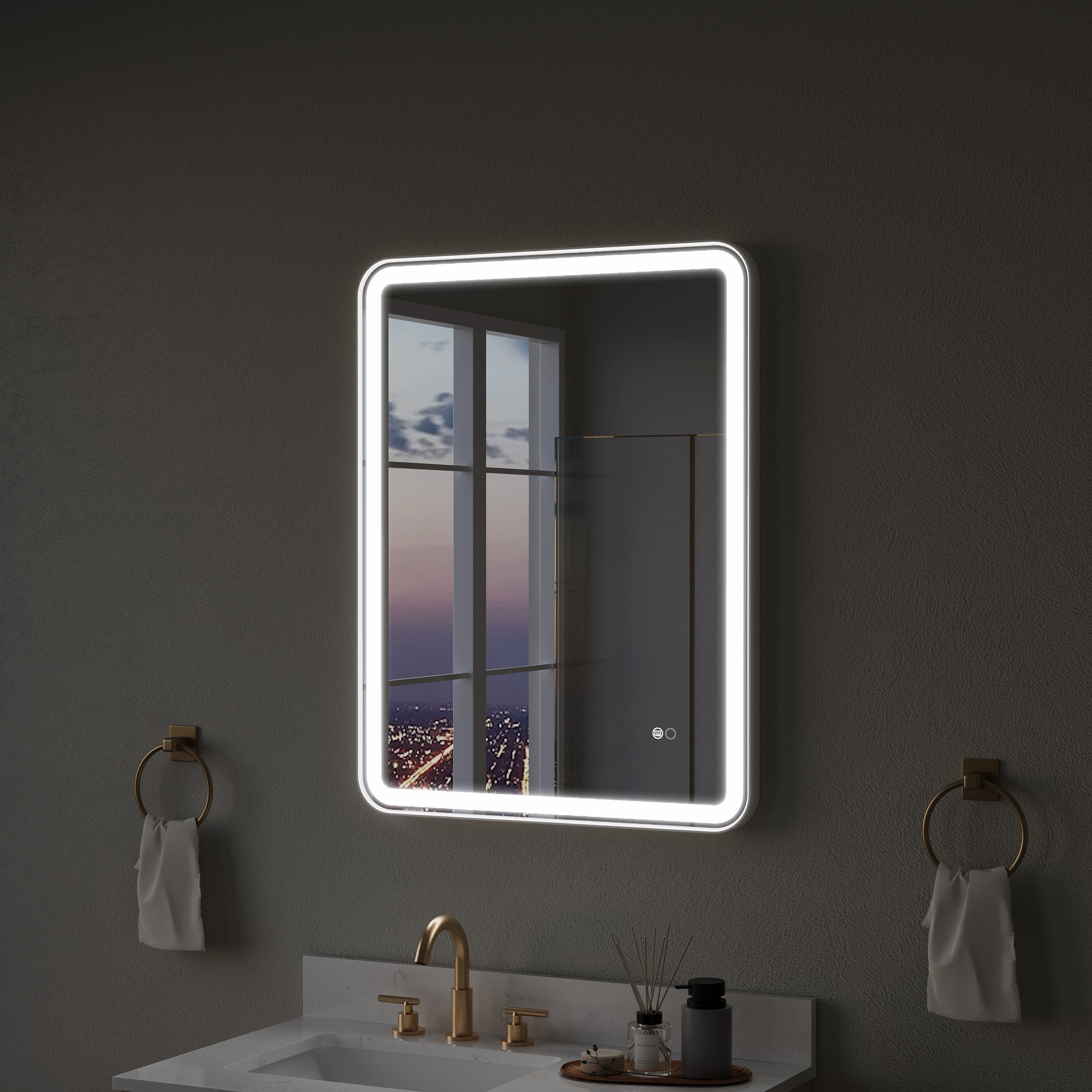 28 in. W x 36 in. H Framed Round Shaped Corners LED Light Bathroom Vanity Mirror in White