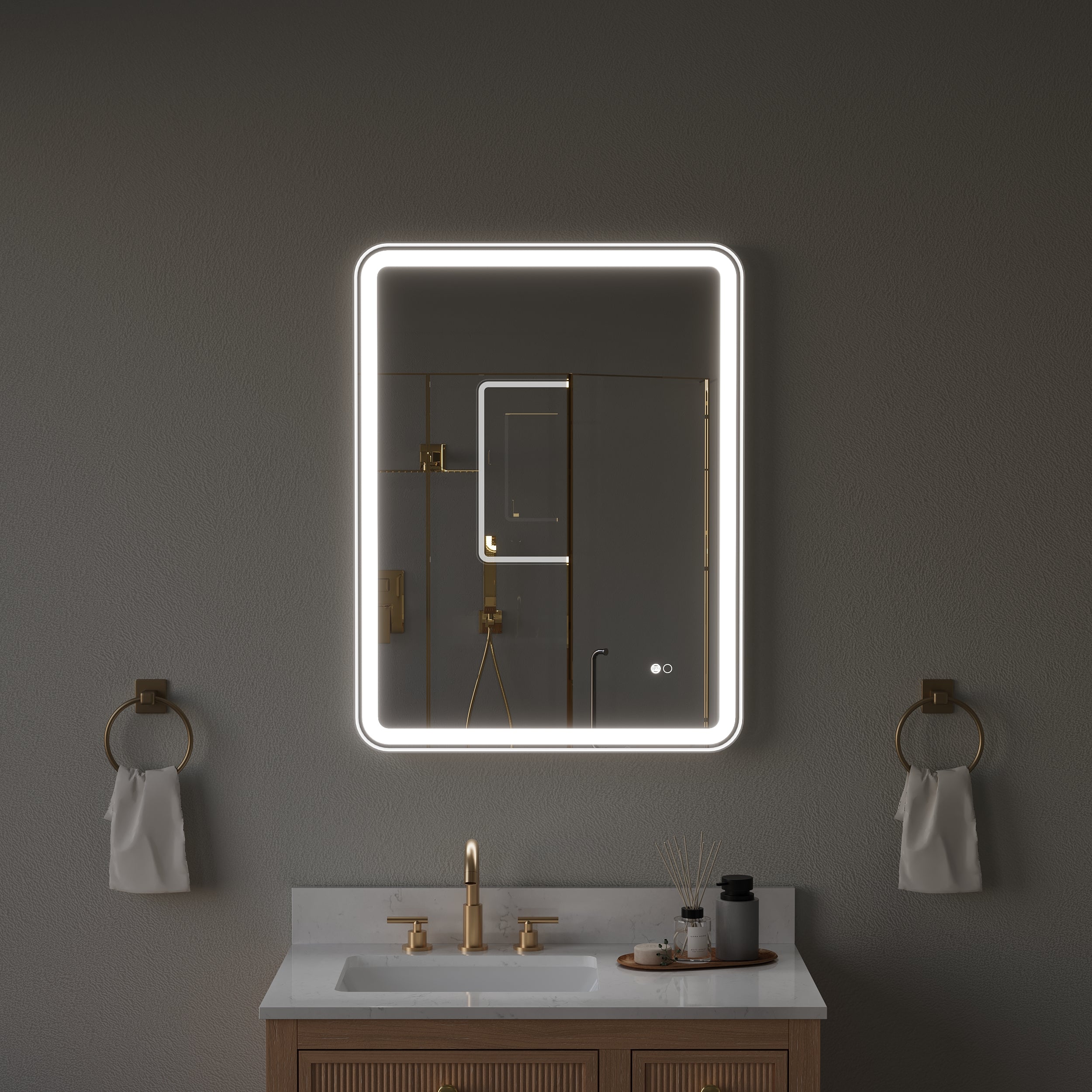 28 in. W x 36 in. H Framed Round Shaped Corners LED Light Bathroom Vanity Mirror in White