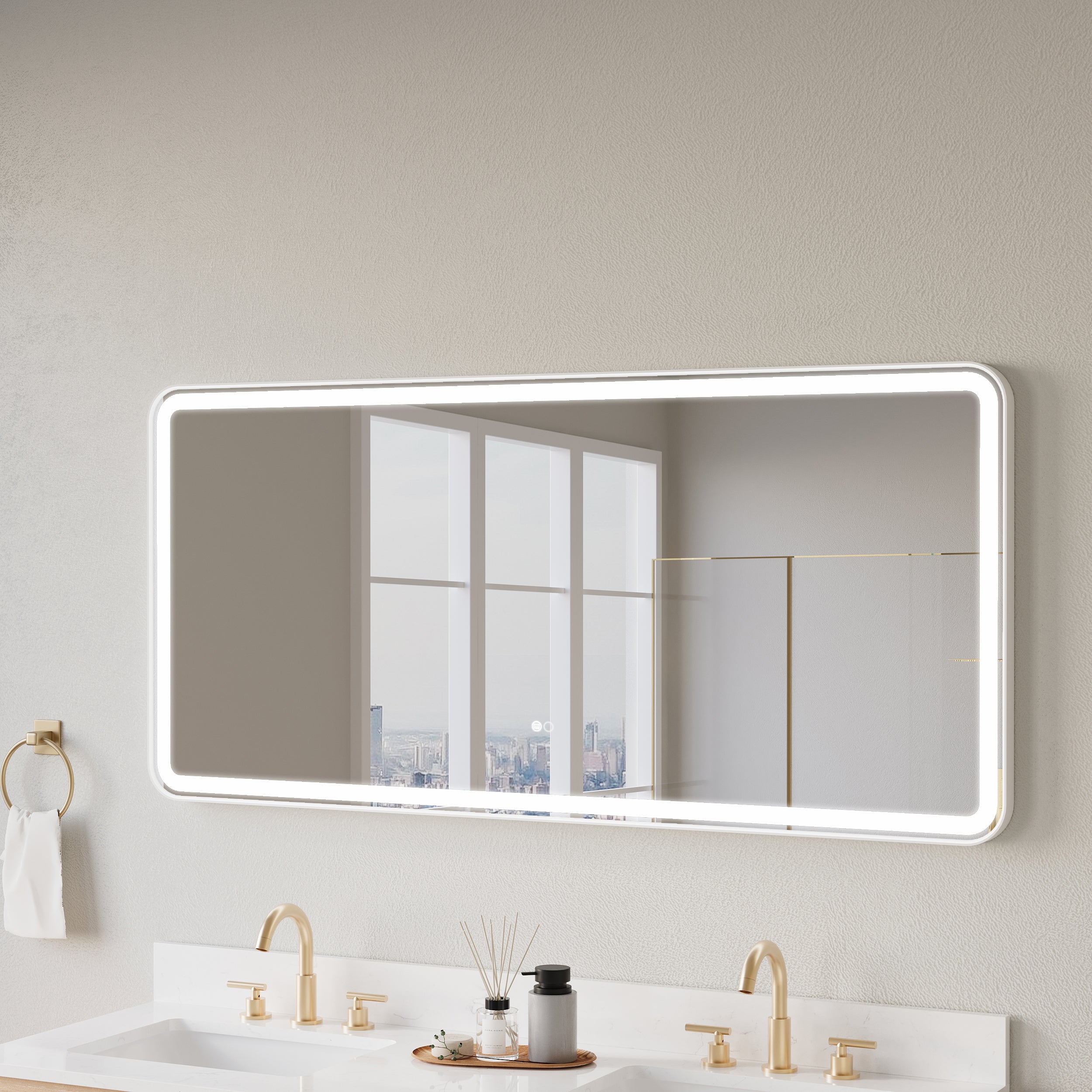 60 in. W x 28 in. H Framed Round Shaped Corners LED Light Bathroom Vanity Mirror in White