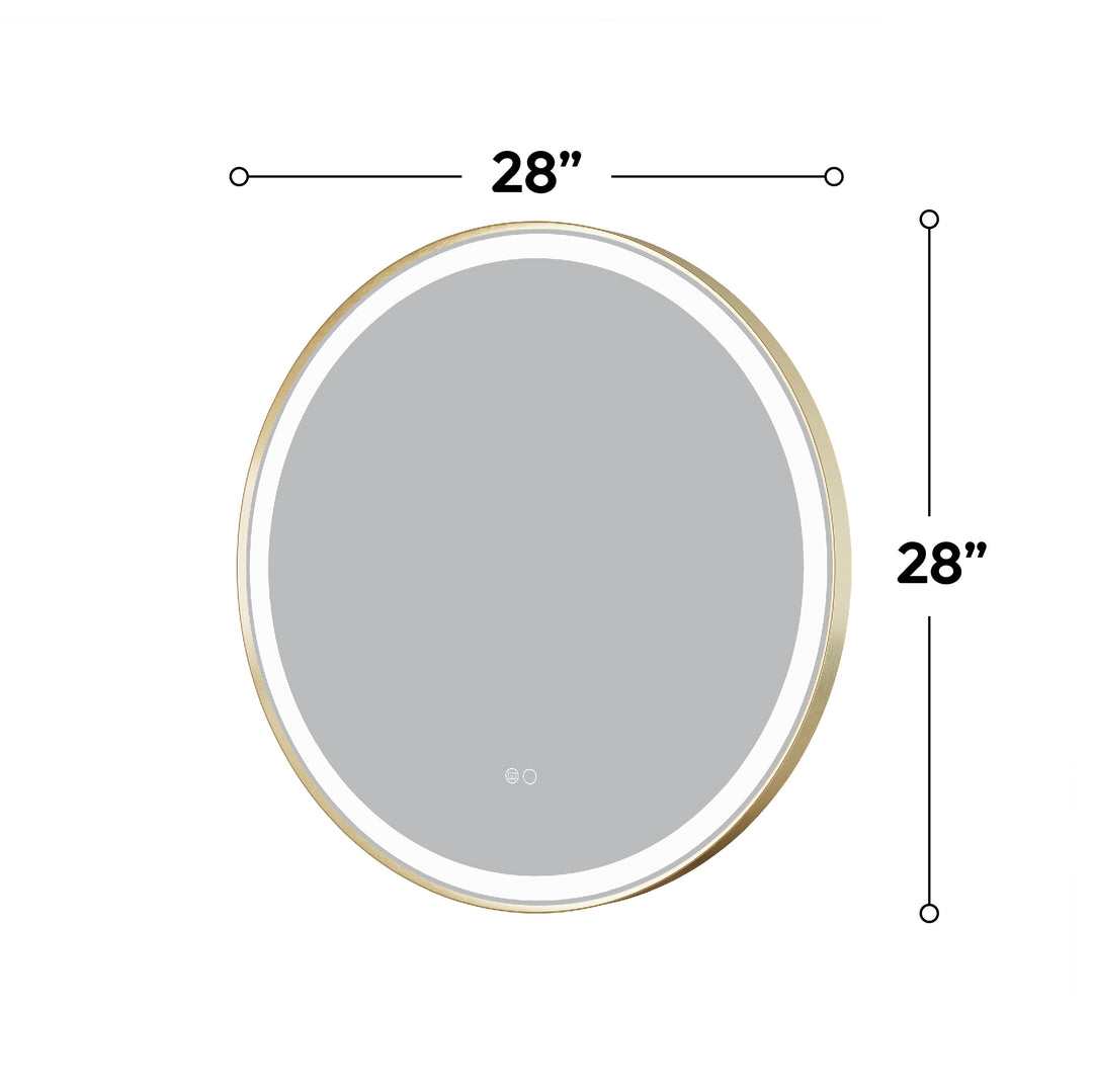 28 in.  W x 28 in.  H Brushed Gold Framed Round LED Light Bathroom Vanity Mirror