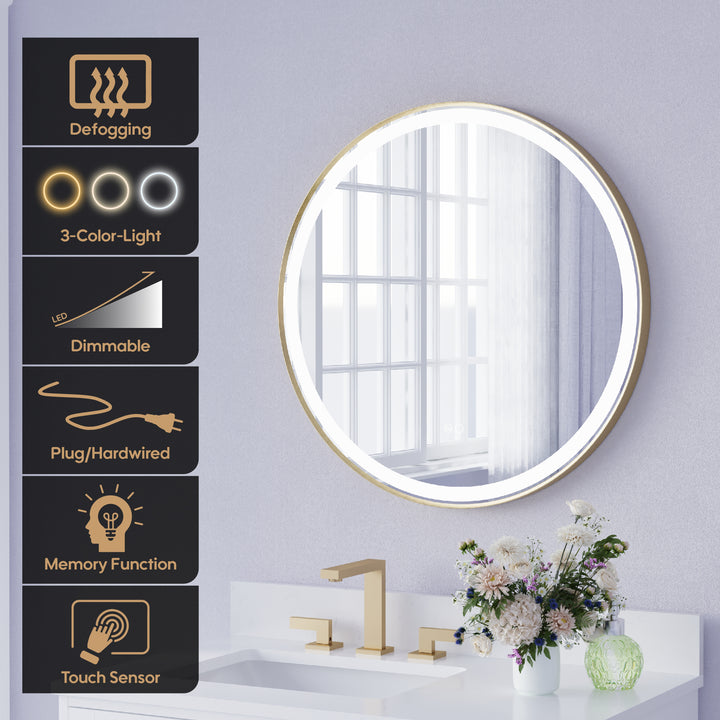 28 in.  W x 28 in.  H Brushed Gold Framed Round LED Light Bathroom Vanity Mirror