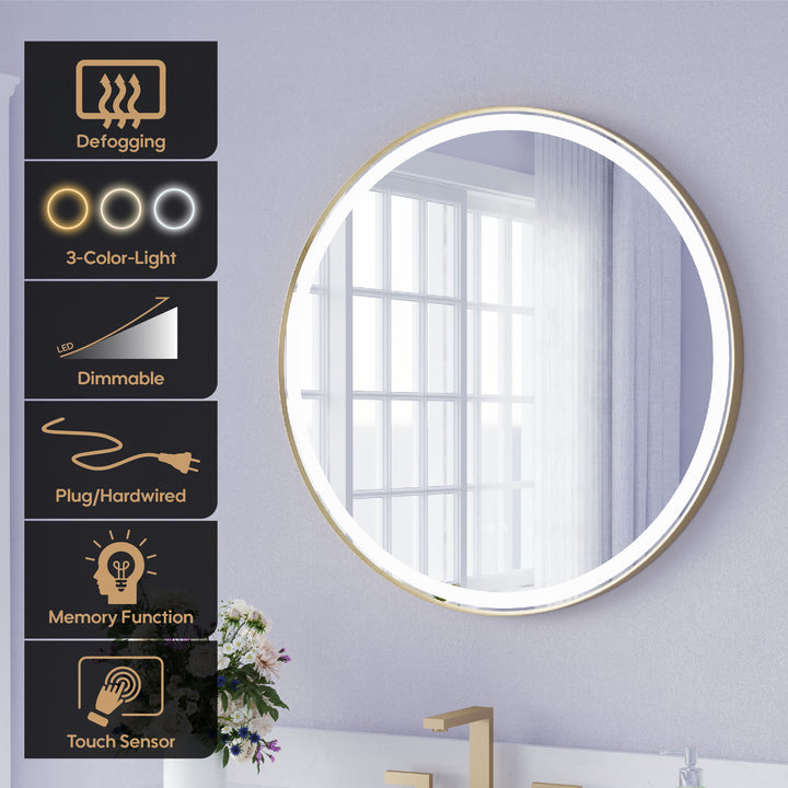 32 in.  W x 32 in.  H Brushed Gold Framed Round LED Light Bathroom Vanity Mirror