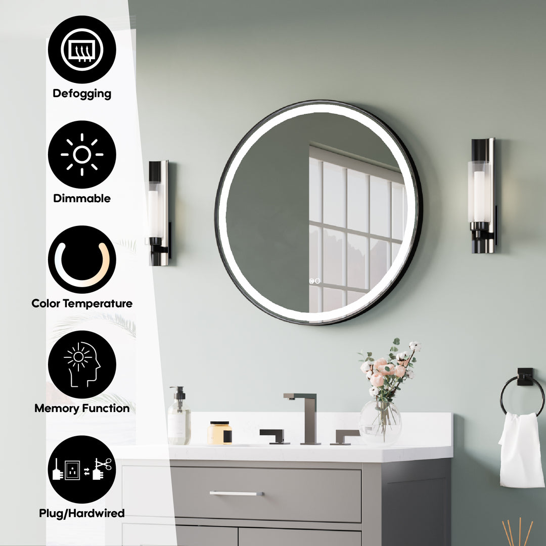 28 in. W x 28 in. H Matte Black Framed Round LED Light Bathroom Vanity Mirror