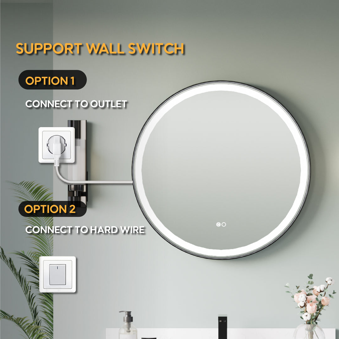 28 in. W x 28 in. H Matte Black Framed Round LED Light Bathroom Vanity Mirror