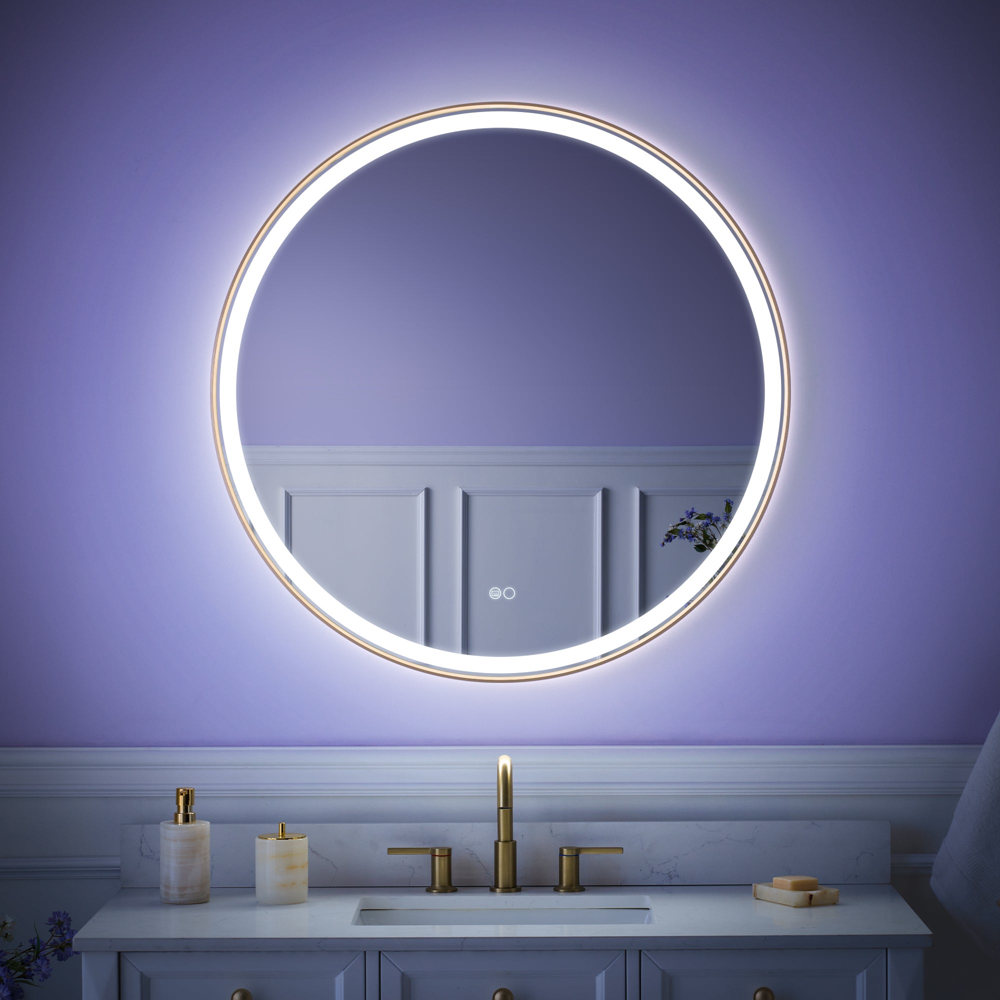 36 in.  W x 36 in.  H Brushed Gold Framed Round LED Light Bathroom Vanity Mirror