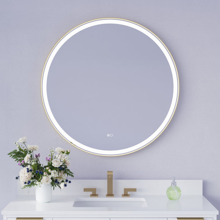 36 in.  W x 36 in.  H Brushed Gold Framed Round LED Light Bathroom Vanity Mirror