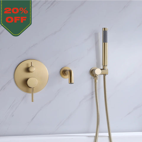 Wall Mounted Bathtub Faucet With Handheld Shower in Brushed Gold