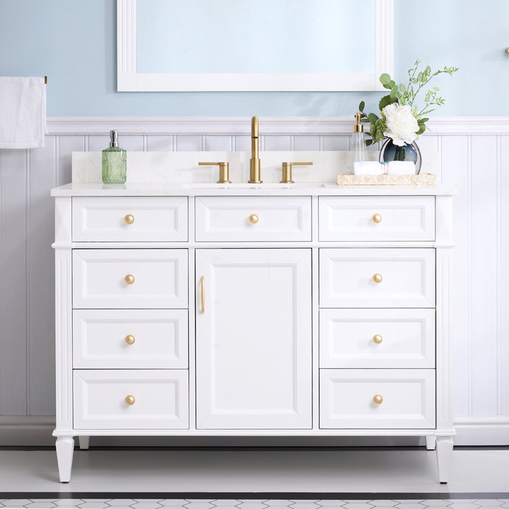 48 in. Bathroom Vanity in White with Quartz Vanity Top in Carrara with Single White Basin