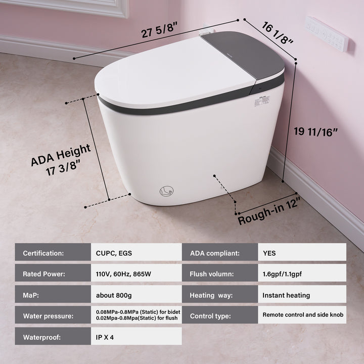 Elongated Smart Bidet Toilet in White with Built-in Tank, Foot Sensor Function, Auto Flush,LED Display