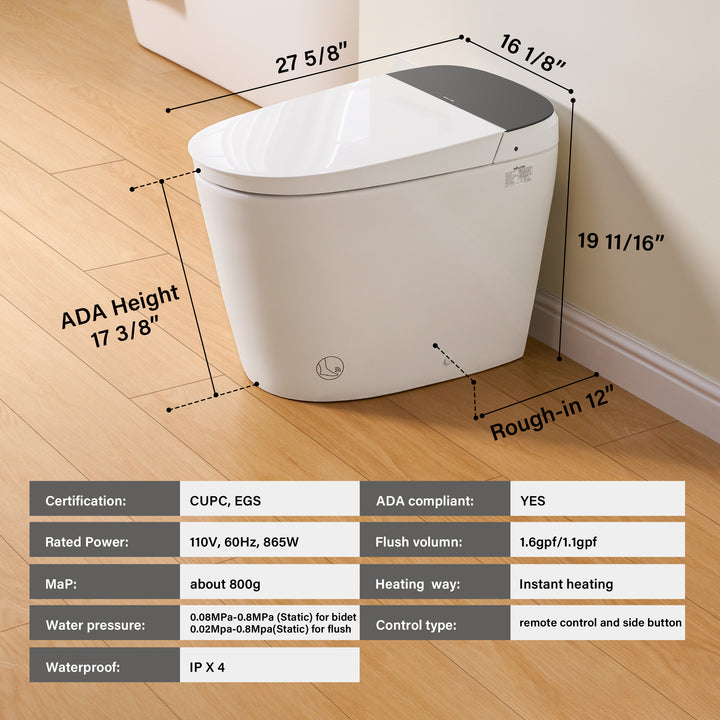 Elongated Smart Bidet Toilet in White with Built-in Tank, Foot Sensor Function, Auto Flush,LED Display