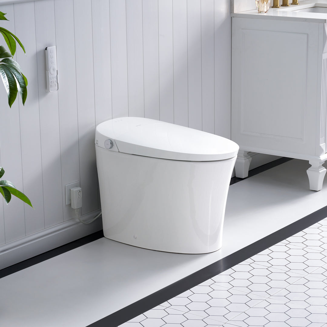 Elongated Smart Bidet Toilet in White with Built-in Tank, Foot Sensor Function, Auto Flush