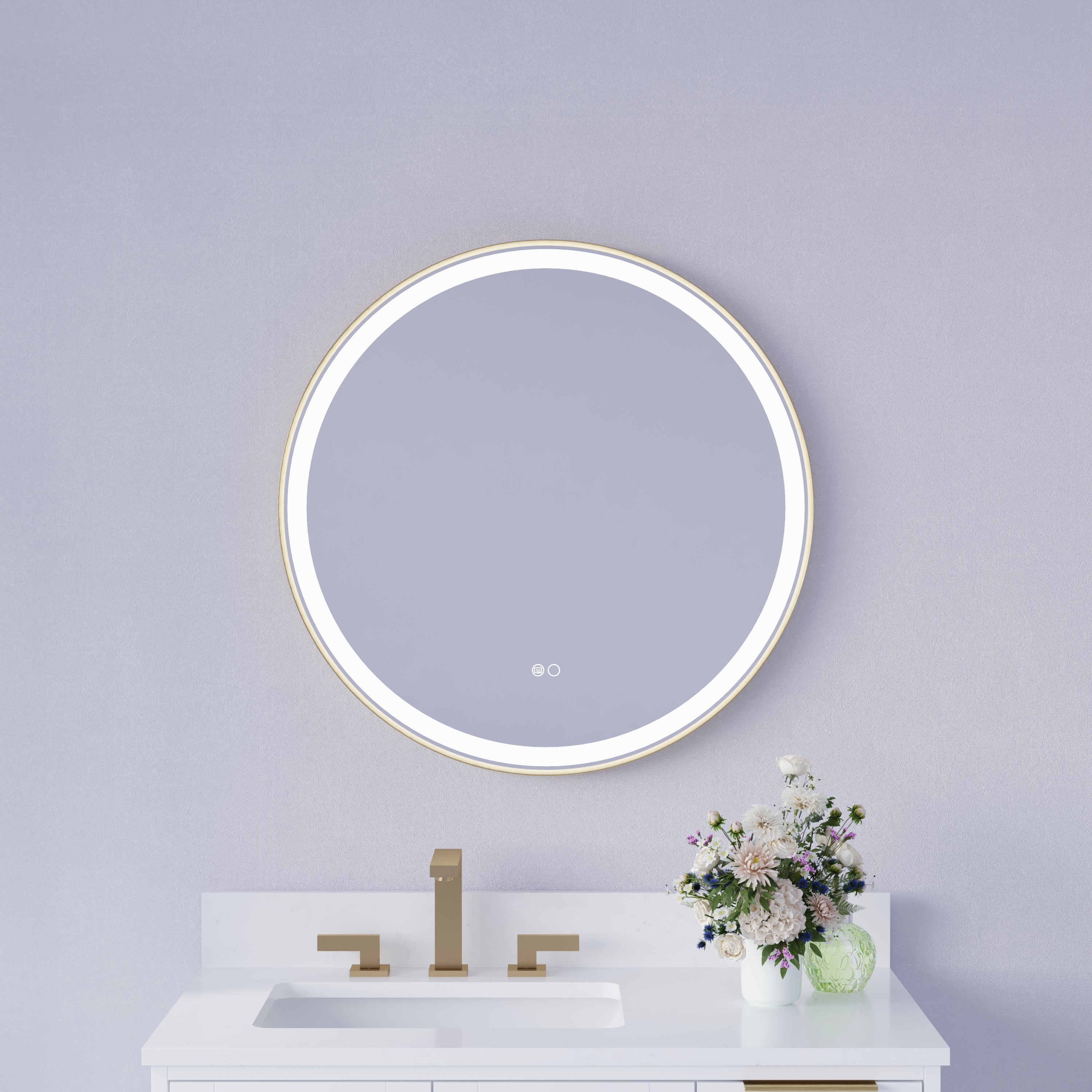 28 in.  W x 28 in.  H Brushed Gold Framed Round LED Light Bathroom Vanity Mirror